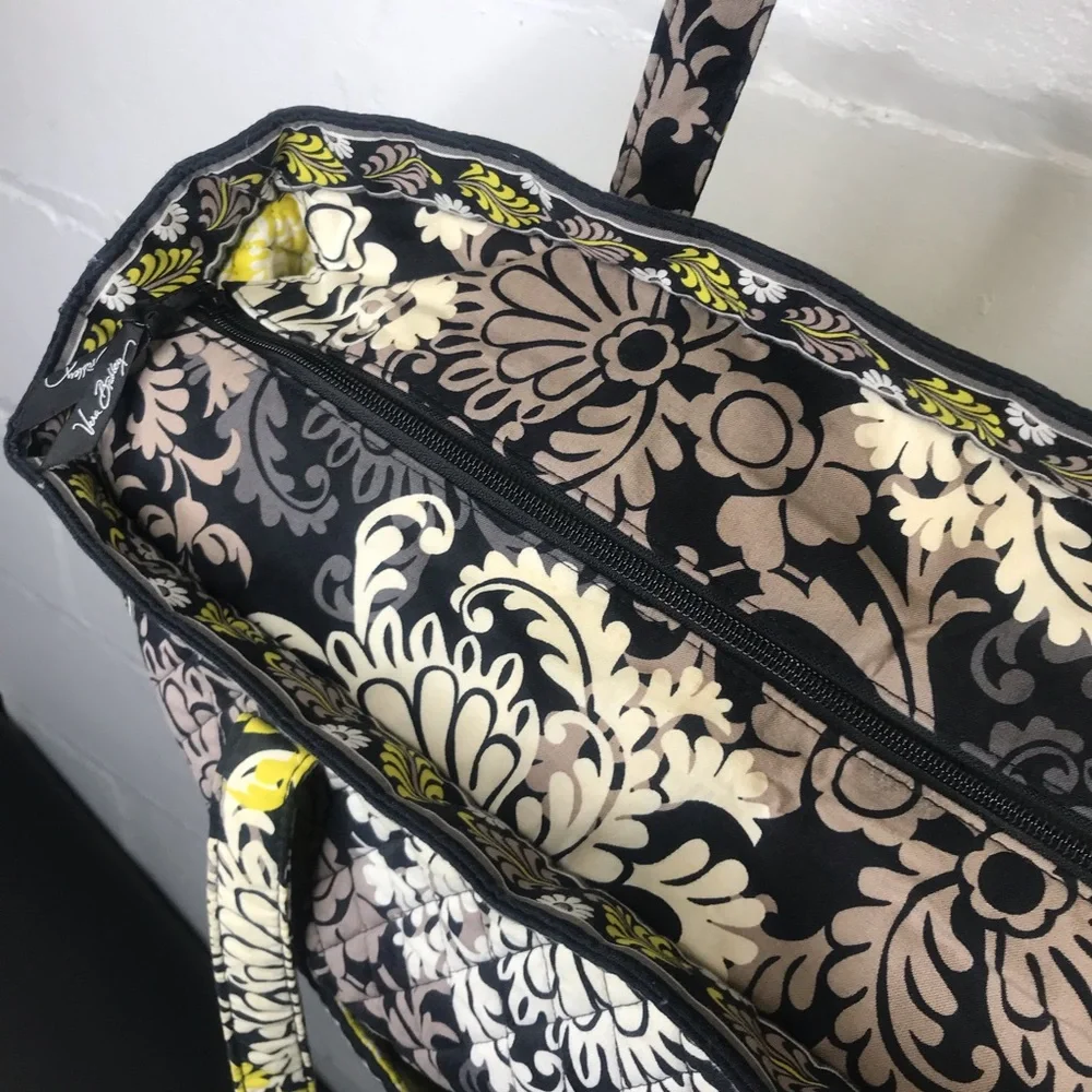 Vera Bradley Baroque Quilted Large Tote Bag Zipper Top Black Yellow Travel - Picture 9 of 10